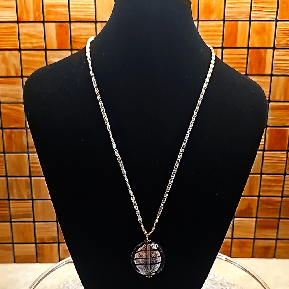 Vintage Elegant Goldtone Necklace with Lilac-Silver Dichroic Glass Pendant
